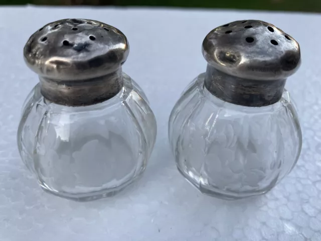 Silver Vintage  / Antique  Cut Glass SALT & PEPPER SHAKERS 3” Set Of 2