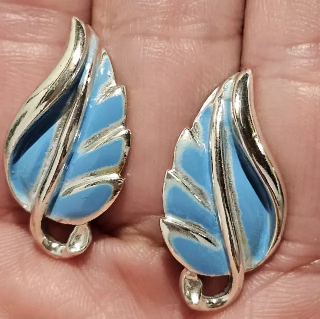 Vintage 1950s Coro Baby Blue Enamel Flower Leaf Ear Climber Clip On Earrings