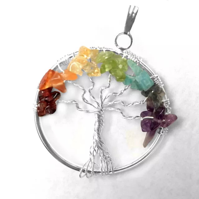 Tree Of Life Pendant 7 Chakra Gemstone Sterling Silver Necklace Energy Reiki Hea
