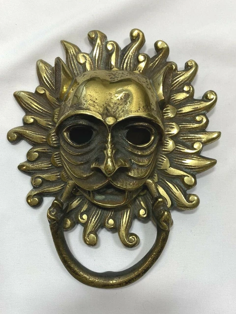 Brass Door Knocker Demon Devil Flames Lion Big Teeth Nice Patina 7" x 5.75"