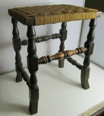 Antique Victorian Attractive Oak Rattan Top Stool Worked Turned 3