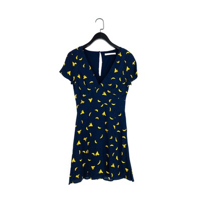 Zara Navy Blue Yellow Quirky Banana Print Polka Dot A Line Tea Dress - Size XS