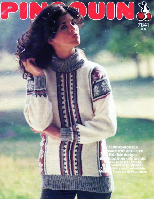 ~Vintage 1970s Pingouin Knitting Pattern For Lady's Fair Isle Polo-Neck Sweater~