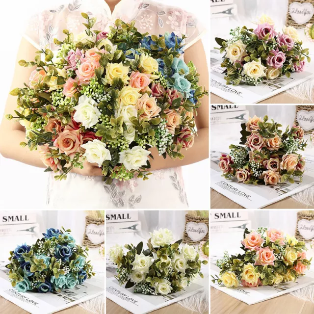 1 Bunch Silk Flowers Artificial Rose Peony Fake Bouquet Wedding Home Party Decor