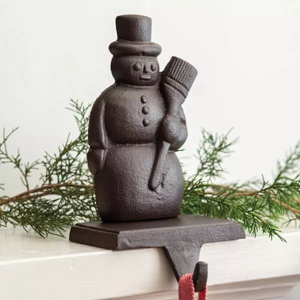 Brown Cast Iron Decorative Snowman Stocking Holder Desk Mount 7 Inches Height