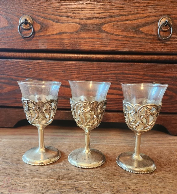 Vintage Caged Silverplate Filigree Cordial Glasses - Set of 3