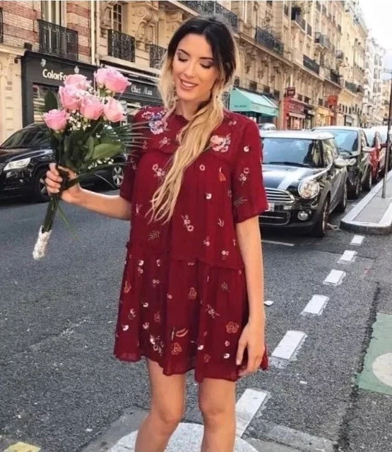 sachin and babi light blue dress ZARA RED MAROON Dotted Mesh Frilled Floral Embroidered Dress M Print  Burgundy £14.99