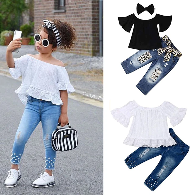 Newborn Infant Baby Girl Romper Clothes Lace Tops Denim Long Pants Jeans Outfits