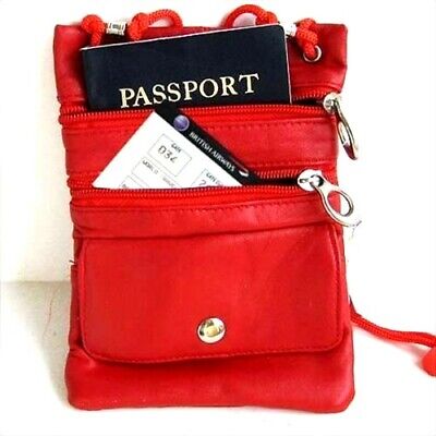 Red Leather Passport Neck Strap ID Holder Travel String Bag Cross Body US SELLER
