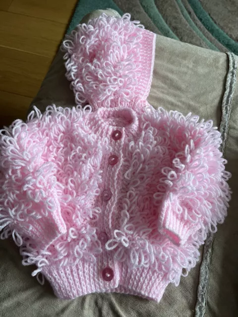 Hand Knitted Baby Pink Loopy Cardigan & Hat O/3 Months