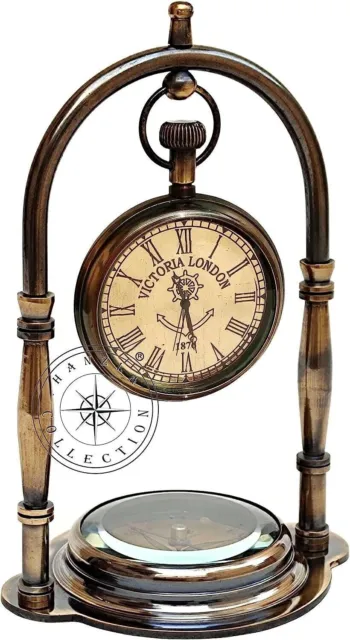 Antique Brass Hanging Desk Clock Maritime Compass Base Nautical Table Clock