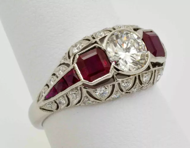 Art Deco Style Round Cut Lab Created Diamond & Ruby Engagement 925 Silver Ring