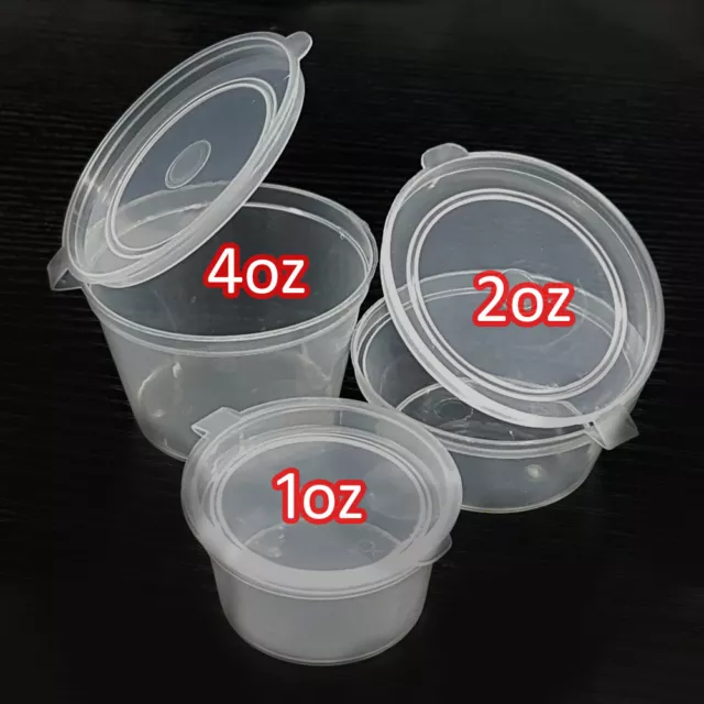 1oz 2oz 4oz Clear Plastic Containers Tubs with Attached Lids Food Safe Takeaway