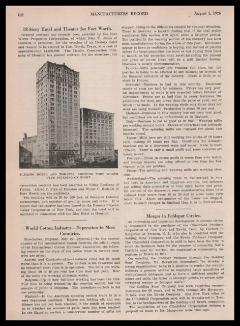 1926 Fort Worth Texas Hotel Theater Building Photo And Article Vintage Print Ad