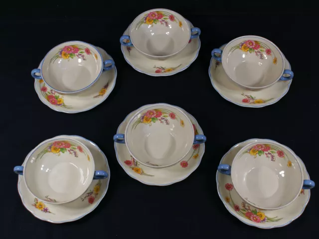 Art Deco Circa1930s Set 6 Cream Petal Grindley Soup Bowls & Saucers     Sh42 2