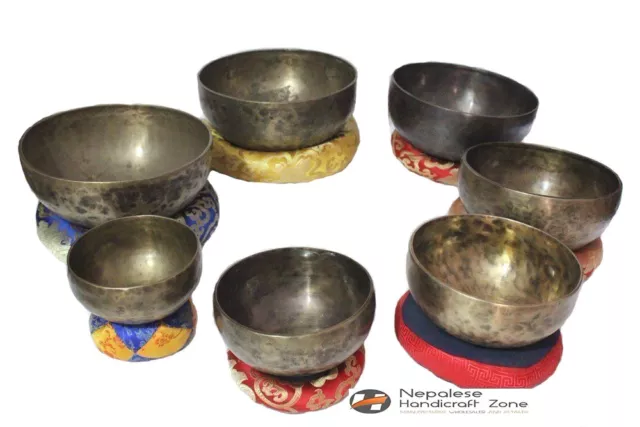 Chakra Healing Tibetan Old Singing Bowl Set of 7 Hand Hammered Meditation Bowls