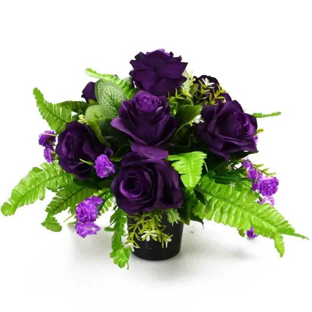 Artificial Flower Graveside Pot with Purple Roses Cemetery Memorial Grave