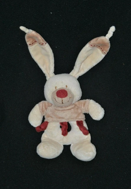 Peluche doudou lapin beige NICOTOY SIMBA Bastien pull nœuds bordeaux grelot TTBE