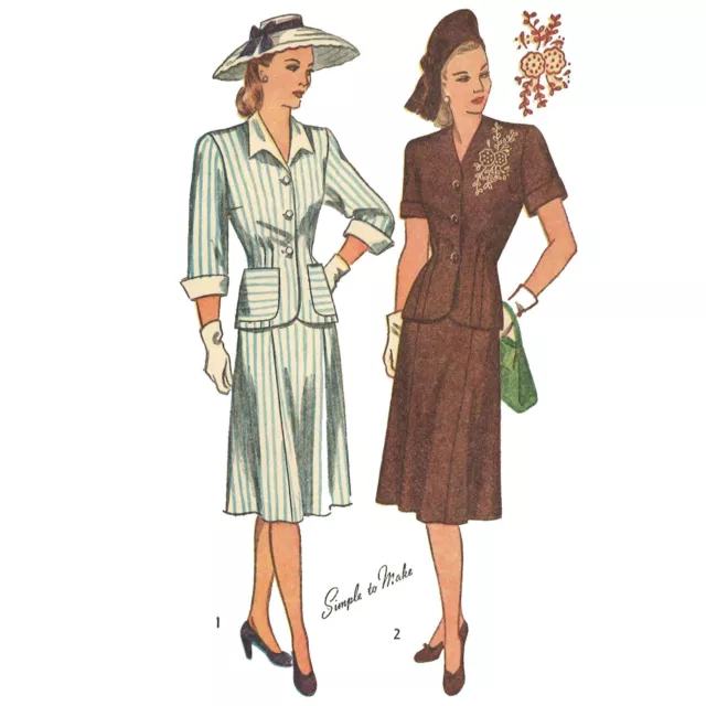 1940s Couture Motif : Femmes de Guerre Deux Pièces Suit - Buste 94cm (94cm