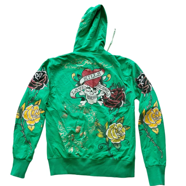 Y2K Don Ed Hardy by Christian Audigier Embellished Hoodie Sweatshirt Green XL