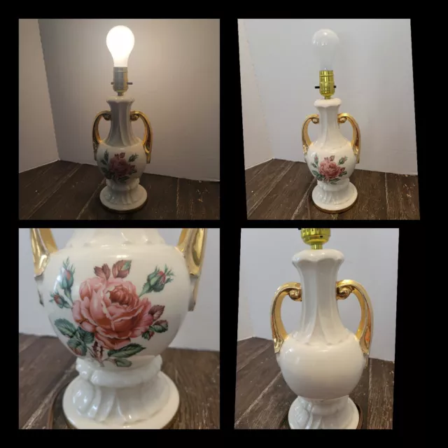 Vtg 1940s Victorian Urn  Floral Roses Table Lamp Gold Gilt Table Lamp