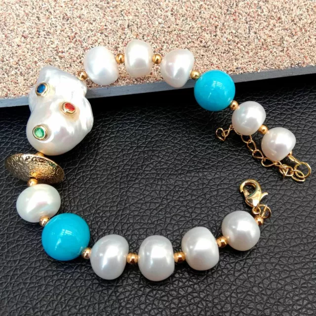 White Pearl Blue Turquoise Keshi Pearl Cz pave Beaded Bracelet Extender 8''