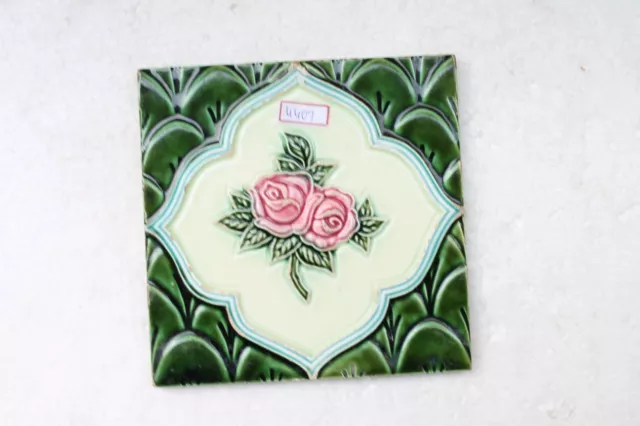 Vintage Tile Art Nouveau Majolica Green Flower Design Architecture Tile Nh4407