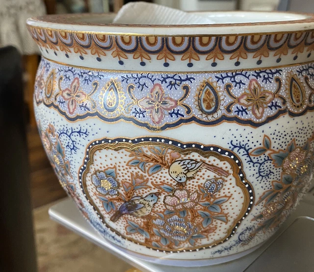 CHINESE KOI FISH Bowl & Planter Jardiniere Moriage Puffy Dot Enamel