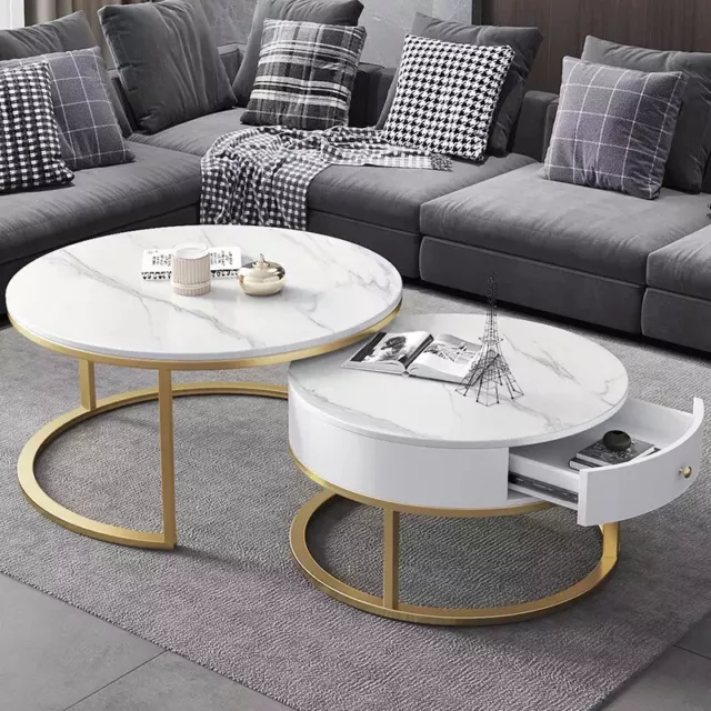 Redondo Mesita Baja Set Oro Blanco Mármol Mesa Redondo Mesa de Salón 2 Unidad