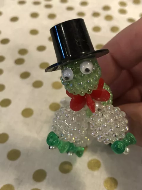 Vintage Handmade Beaded Christmas Ornament Iridescent Green Frog With Top Hat!