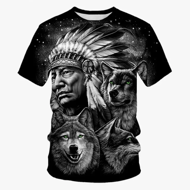 Native American Indian Chief Wolf Eagle Print Tees Unisex Short Sleeve T-Shirt