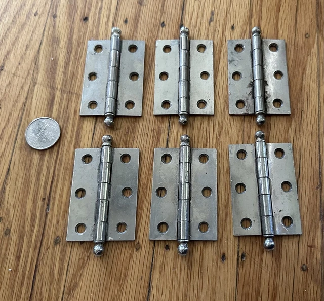 Lot 6 antique vtg nickel plated steel 1 11/16" by 2 3/8" ball tip cabinet hinges