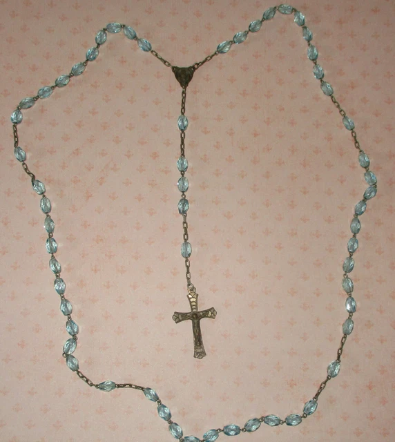 Vintage ROSARY Blue Facet Glass Bead Brass Holy Catholic Crucifix Cross