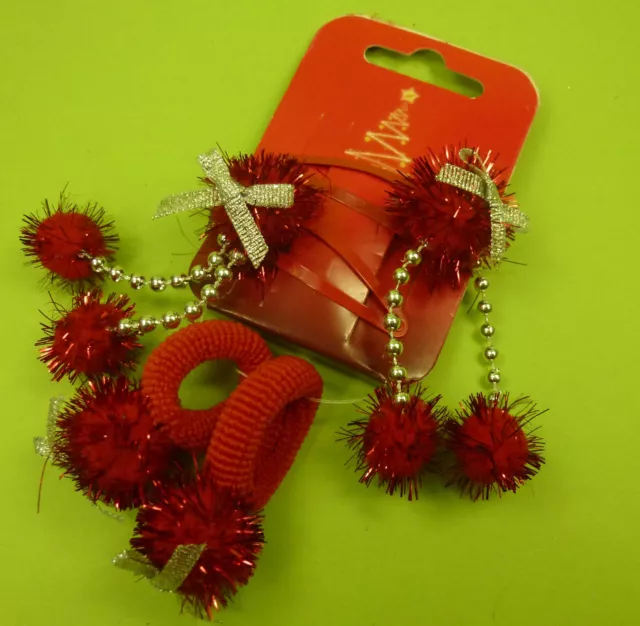 4 Teile Weihnachten Nikolaus Lametta rot Damen Mädchen Haarclips Haargummi - NEU