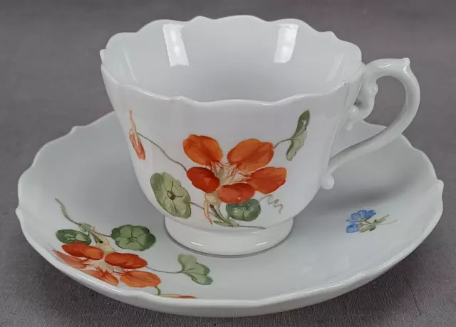Meissen Hand Painted Nasturtium Flower Tea Cup & Saucer Circa 1860-1924