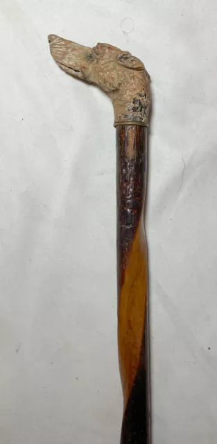 antique 19th century hand made carved wood Folk Art dog walking stick cane