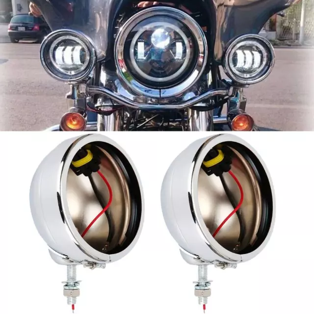 Chrome 4.5" Auxiliary Passing Fog Lights Lamp Housing Bucket For Harley Davidson