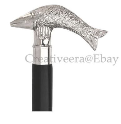 Nautical Style Brass Silver Fish Head Handle Vintage Wooden Walking Canes Stick