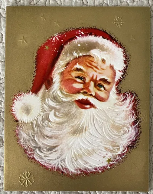Unused Vintage Santa Christmas Gold Embossed Retro MCM Greeting Card 1960s 1970s