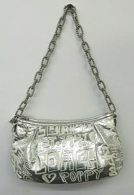 Coach Poppy Metallic Silver Etched Storypatch Leather Evening Shoulder Bag 15892