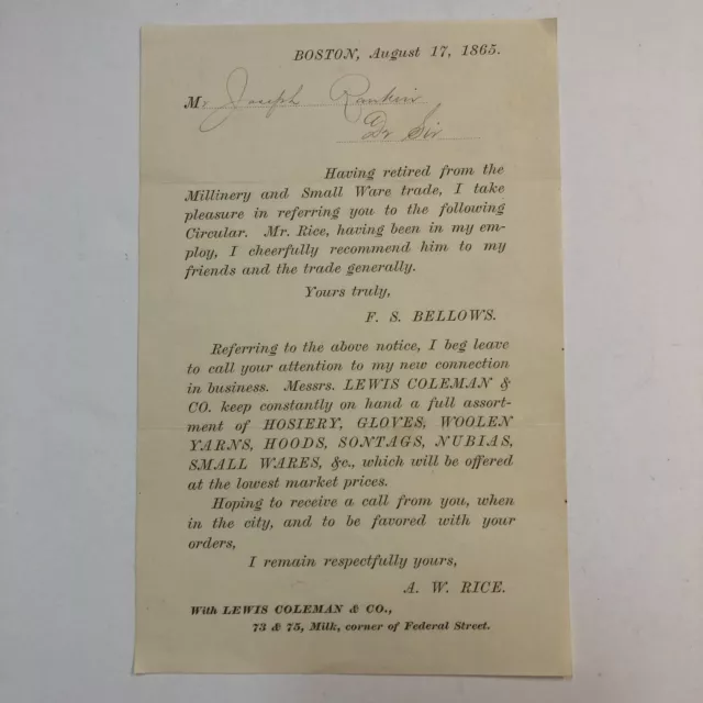 1865 Vintage Business Reference Letter Lewis Coleman & Co FS Bellows AW Rice