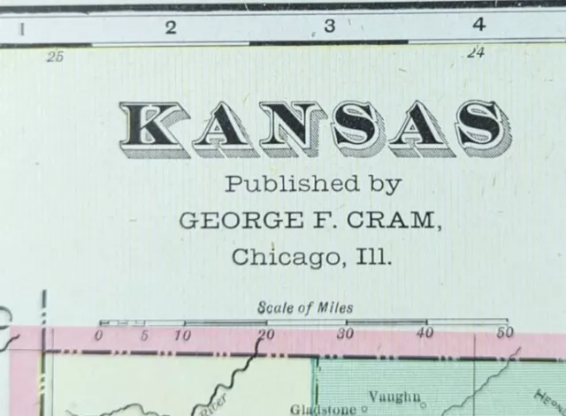 Vintage 1901 KANSAS Map 22"x14" ~ Old Antique Original SALINA TOPEKA WICHITA KS