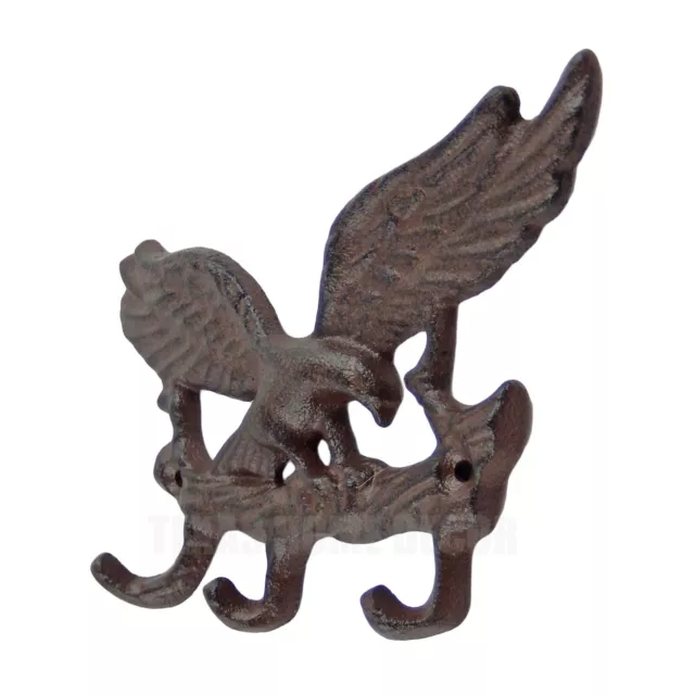 Eagle Triple Wall Hook Cast Iron Key Towel Coat Hanger Rack Rustic Antique Brown 2