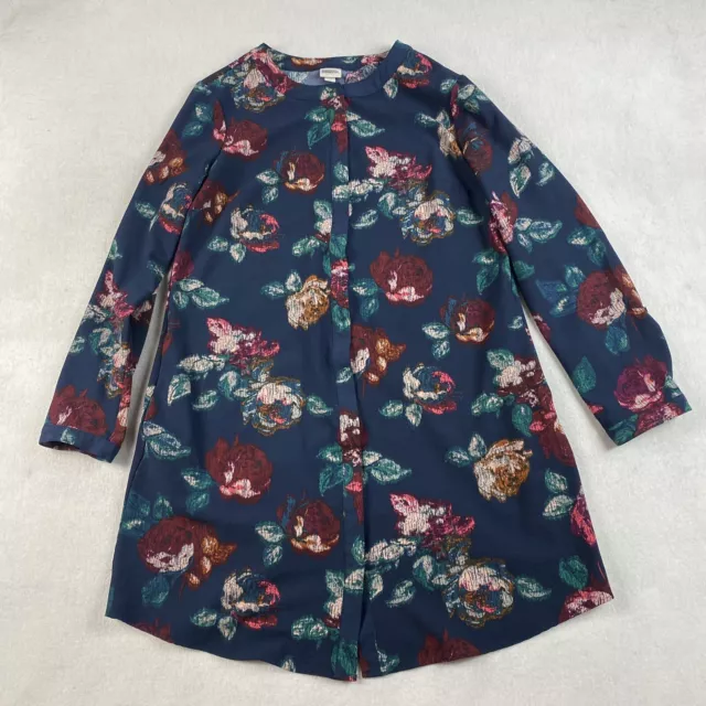 Merona Womens Floral Knit Shirt Dress L Blue Stretch Shift Boho Roll Tab