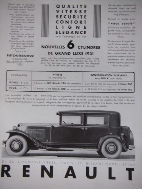 Publicité Originale 1937 – Renault Viva Grand Sport 6 Cylindres – Freinage Instantané