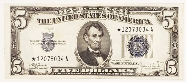 1934-C $5 Silver Certificate STAR NOTE in AU Condition FR #1653*