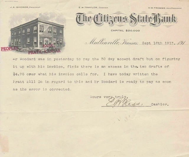 U.S. The Citizens State Bank Kansas 1913 Illustrated Payment Letter Ref 43575