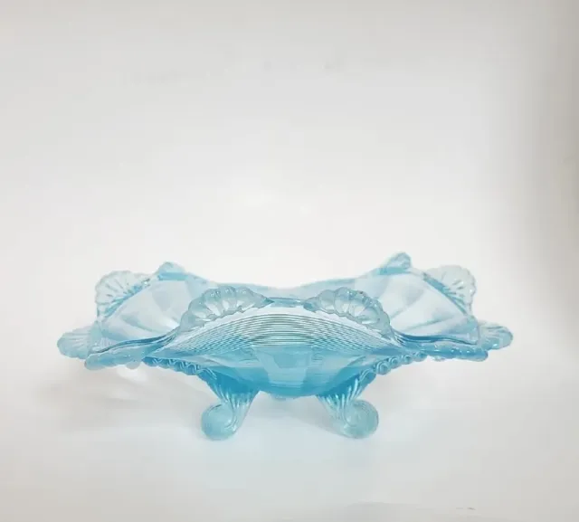 Antique Victorian 1898 Northwood Glass Blue Opalescent Klondyke 3 Footed Dish