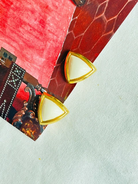 Christian Dior Vintage 1980s Large Triangle White Enamel Clip On, Earrings Gold