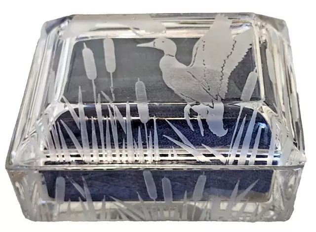 Duncan Miller Etched Glass Crystal Trinket Box Mallard Ducks & Cottails Design